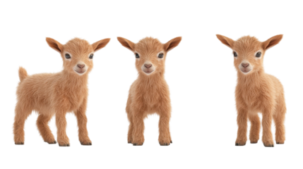 Three adorable baby goats standing together on a white background. transparent background