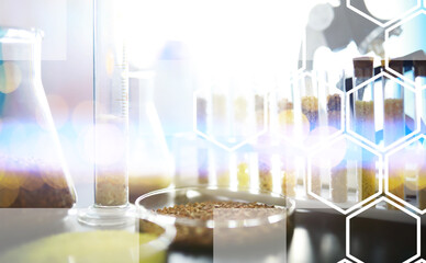Research Analyzing Agricultural Grains And seeds In The Laboratory. Background with futuristic flare.