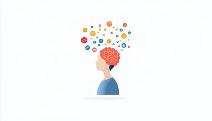Abstract representation of a person with a brain, surrounded by colorful icons symbolizing thoughts