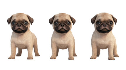 Fototapeta premium Three adorable pug puppies standing together, showcasing their playful and cute nature. transparent background