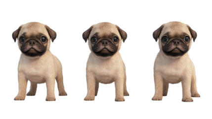 Three adorable pug puppies standing together, showcasing their playful and cute nature. transparent background