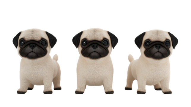 Three adorable pug figurines with distinct features and charming expressions. transparent background