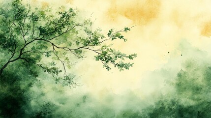 Watercolor Tree with Green Leaves on a Yellow Background. Generative AI