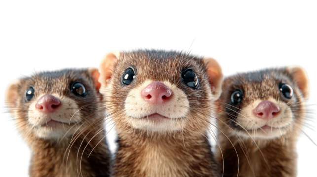 Three playful ferrets with expressive faces standing together, showcasing their charm. transparent background