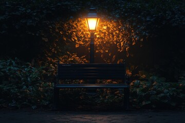 Park bench under dim light at night