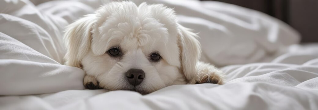 Sleepy white bichon frise dog lying down on a soft bed next to a white comforter, slumber, couch potato, bedmate