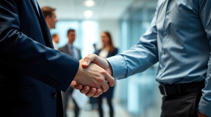 business meeting, handshake closeup, office hallway, blurred background, professional attire, corporate
