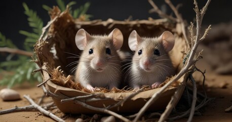 Small mouse peeking out from behind a layer of twigs and feathers in a dustpan nest, dusty dwelling, mouse peek, tiny observer