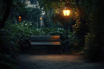 Park bench under dim light at night