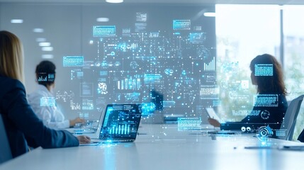 futuristic leadership training, technology-driven corporate coaching, AI and business innovation, executives leveraging digital tools, high-tech boardroom, copyspace, no trademark, no watermark