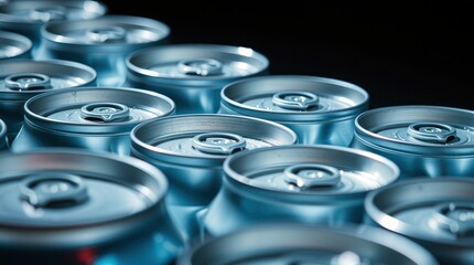 aluminum cans, beverage containers, metallic blue, close-up, repetitive pattern, cylindrical shapes
