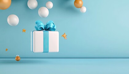 A floating gift box with a blue ribbon surrounded by colorful spheres and stars on a pastel backdrop