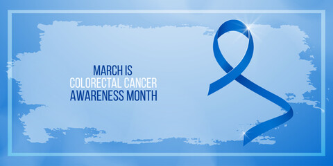 Colorectal Cancer Awareness Month concept. Banner template with blue ribbon and text. Vector illustration.