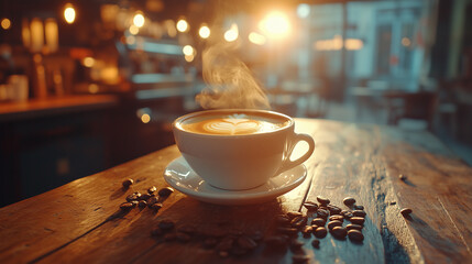 Morning Coffee in a Cozy Café with Sunlight