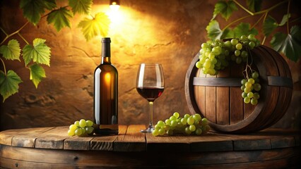 Fototapeta premium A Still Life Featuring a Bottle of Wine, a Glass of Red Wine, and Bunches of Grapes Resting on a Wooden Barrel in a Rustic Wine Cellar Setting