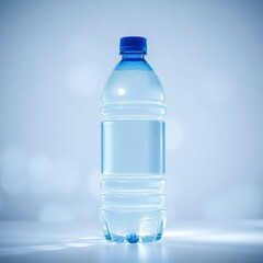 Naklejka premium plastic water bottle, blue cap, clear liquid, condensation, soft blue background, product photography, minimalis