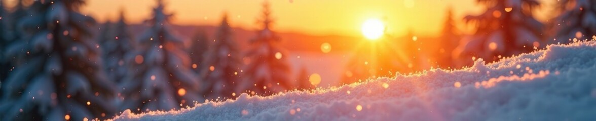 Fototapeta premium Snowflakes gently falling in the warm orange sky, white, winter landscape, sun