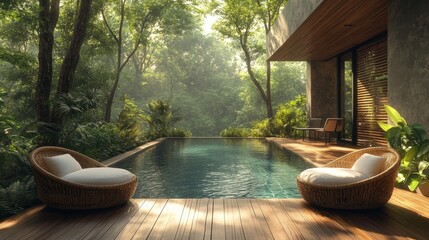 Modern poolside lounge in a lush green forest. Generative AI