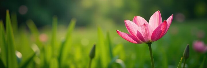 Fototapeta premium Delicate pink rain lily blooms in the shadows of tall grasses, grass, rainlily