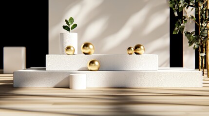 Minimalist White Platform with Gold Spheres and Plant Decor Stylish Modern Product Display Scene
