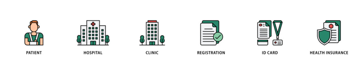 Patient registration icon set flow process which consists of registration, health insurance,  id card, clinic, hospital, patient icon live stroke and easy to edit .