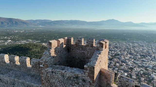 Aerial view of Larisa Castle in Argos, Peloponnese, Greece at sunrise