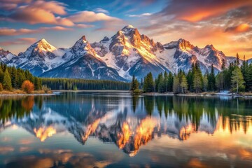 Fototapeta premium Snowy mountain range at sunset with majestic peaks and serene lake, serene, panoramic