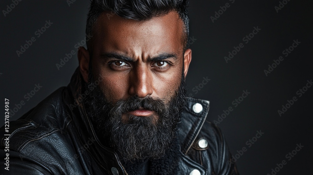 Poster a striking multiethnic man gazes intensely at the viewer, his stylish beard and leather jacket enhan