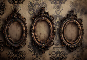 Three empty, ornate, vintage frames hang on the wall, with gold and brown tones against a dark beige wallpaper. The frames have an antique appearance, reminiscent of Baroque art