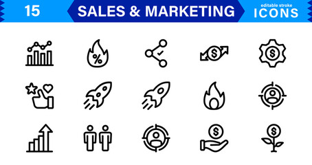 Sales & Marketing Icon Set. Professional Vector Icons with Outline, Minimalist, and Flat Designs for Business, Advertising, and Digital Promotion