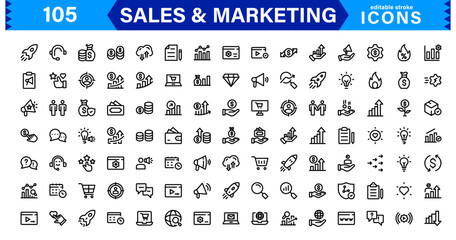 Sales & Marketing Icon Set. Professional Vector Icons with Outline, Minimalist, and Flat Designs for Business, Advertising, and Digital Promotion