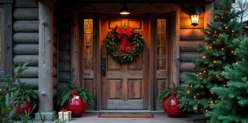 Fototapeta premium A rustic wooden door welcomes the holiday season with a festive wreath, door, holiday,
