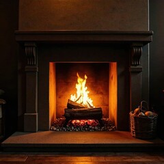 A roaring fire burns brightly in a large wooden fireplace, decor, flames, loud