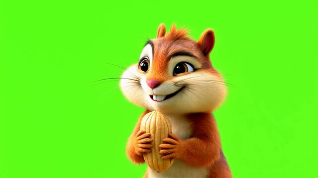 Happy cartoon squirrel eating nut, green screen, animation