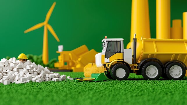 Green Energy Construction Site with Yellow Machinery and Worker