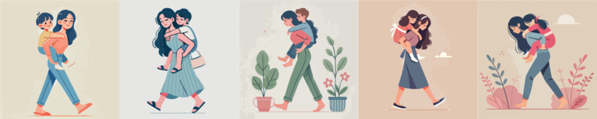 vector of a woman carrying her little sister on her back