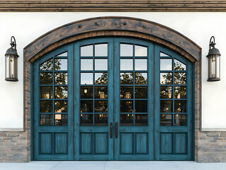 Teal arched doors, rustic building, sunset reflection