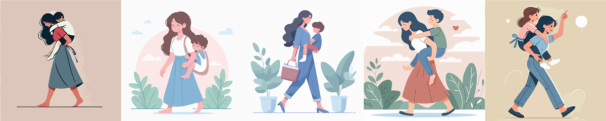 vector of a woman carrying her little sister on her back