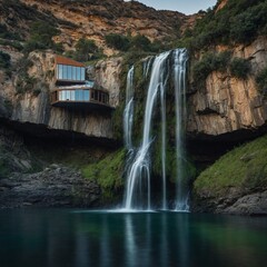 Obraz premium A mirror-like landscape where the waterfall flows in reverse, with a small house perched on the cliff.