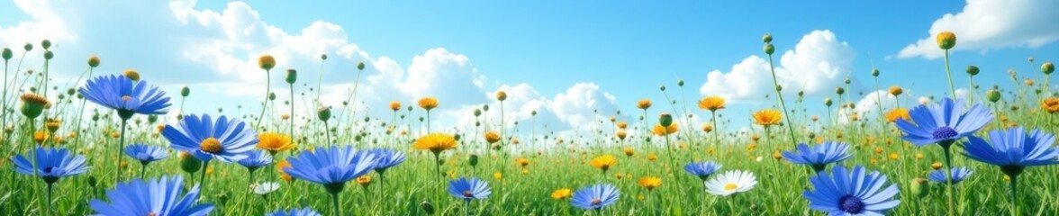 Fototapeta premium Cornflower field with a stunning backdrop of soft blue sky and gentle white clouds, sky, cornflowers