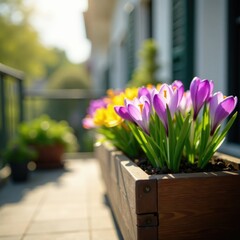 Crocus flowers spilling from a wooden planter on a sunny balcony, balcony, greenery, planter