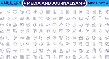 Journalism and mass media outline icon set. Vector illustration. Containing  microphone, journalist, press conference, newspaper social networks, public communication. Editable stroke outline icon.
