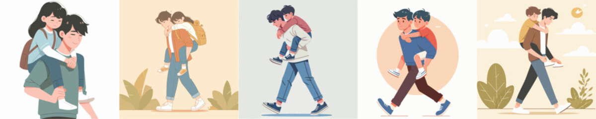 vector of a man carrying his little brother on his back