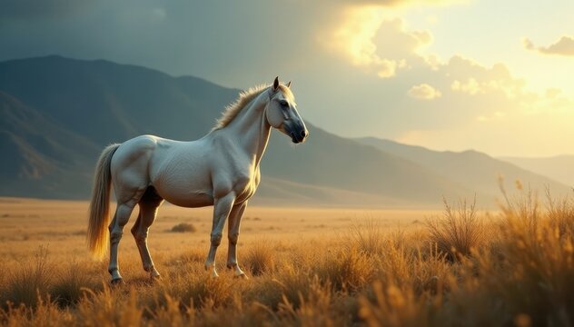 Equino majestuoso parado en el suelo del campo, potrero, gris