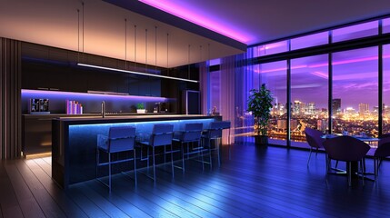 Modern City View Penthouse Kitchen Nighttime Luxury Apartment