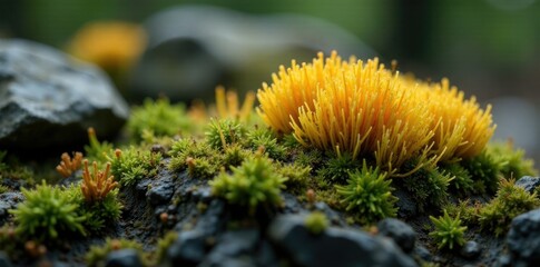 Fungal mycelium on rocky surface with moss and lichen, earthy, moss