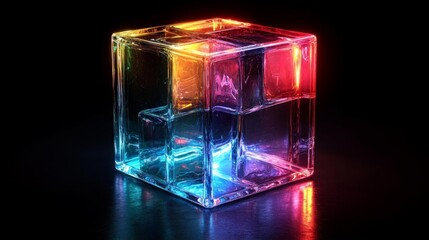 Glowing Transparent Cube with Colorful Lights. Generative AI