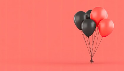 Colorful balloons in black and red against a coral background, creating a festive atmosphere