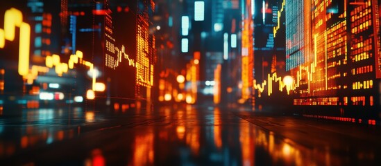 Fototapeta premium A vibrant cityscape at night, illuminated by glowing digital screens and dynamic financial graphs, reflecting on wet pavement.