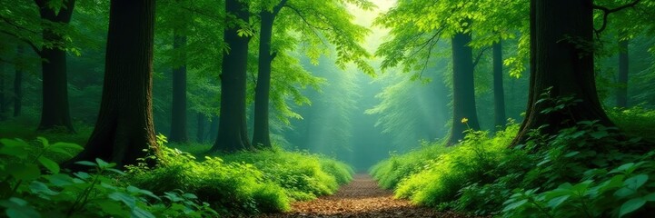 Lush green forest foliage with tall trees and dense undergrowth, nature,